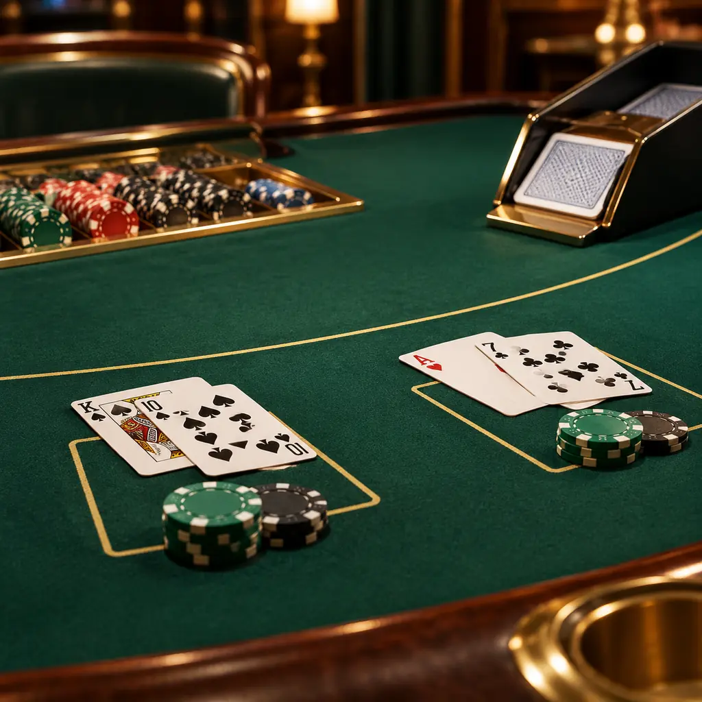 Meja blackjack dengan kartu terbuka dan keping kasino