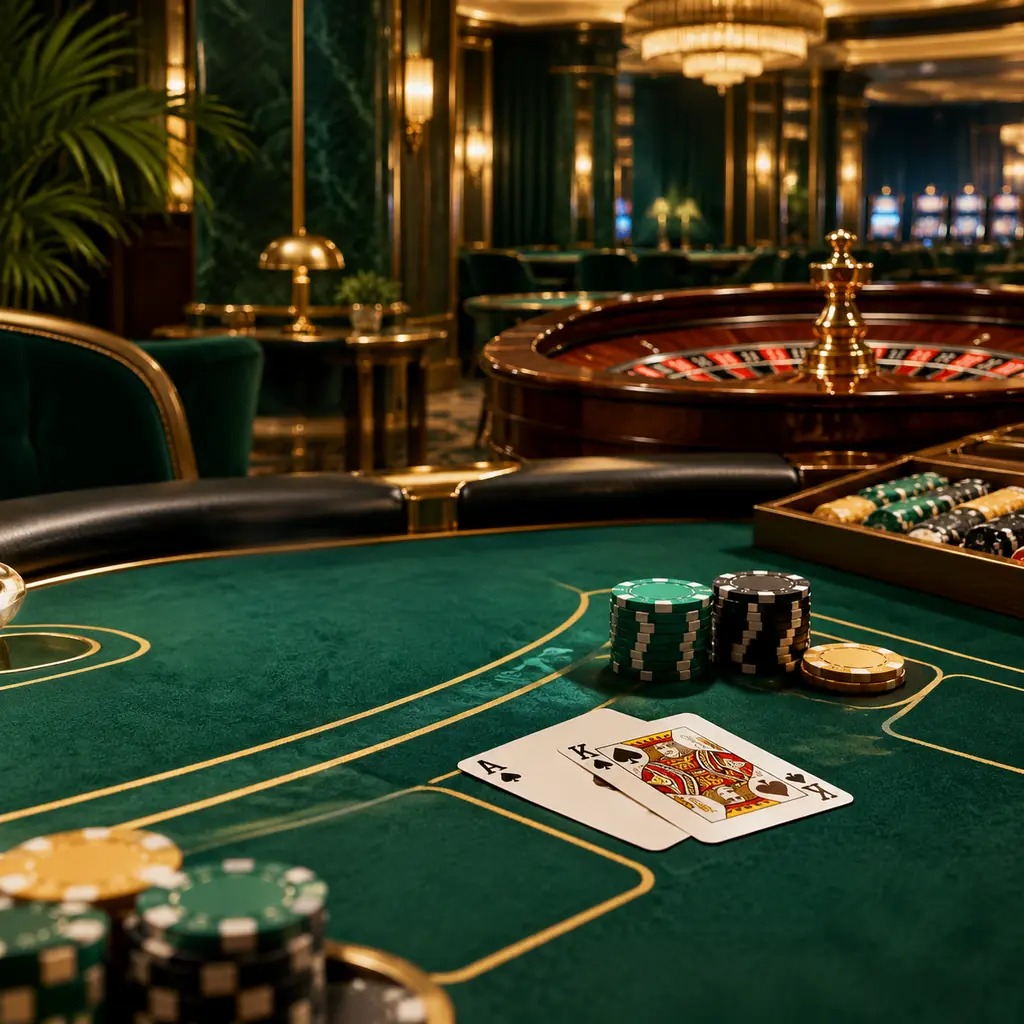 Ruang kasino dengan meja kartu dan roda roulette dalam warna hijau giok