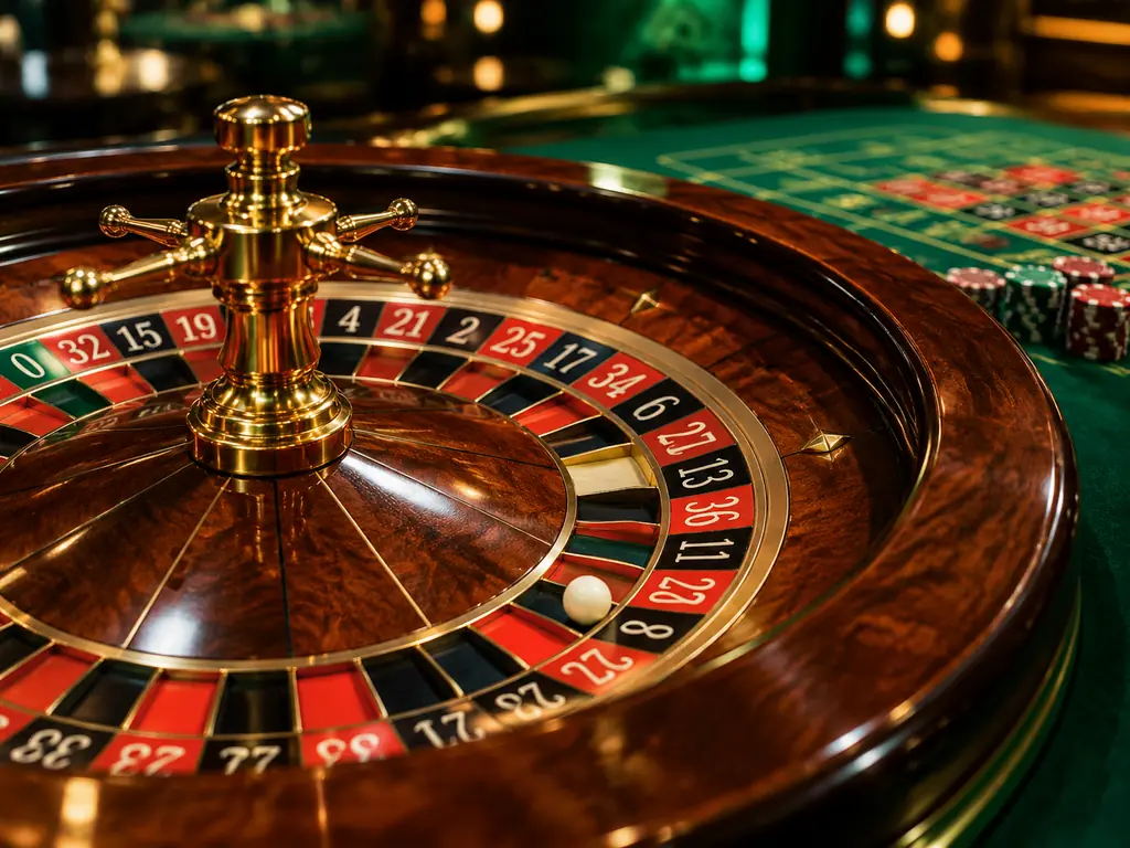 Roda roulette dan keping di atas meja kasino
