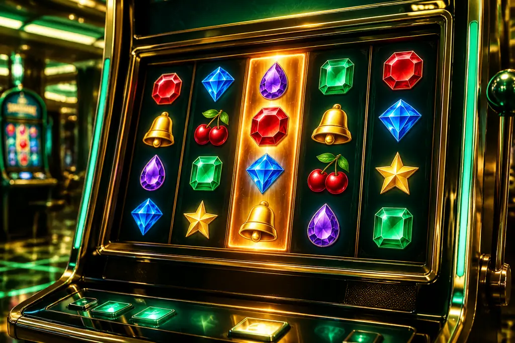 Detail mesin slot bertema permata dengan satu kolom bercahaya