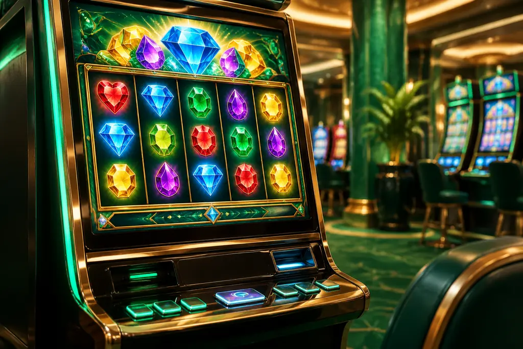 Mesin slot bertema permata berwarna di ruang kasino